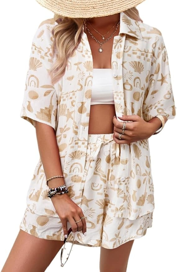 Sulozom Women's 2 Piece Beach Outfits Button Down Short Sleeve Shirts and High Waist Shorts Loung... | Amazon (US)