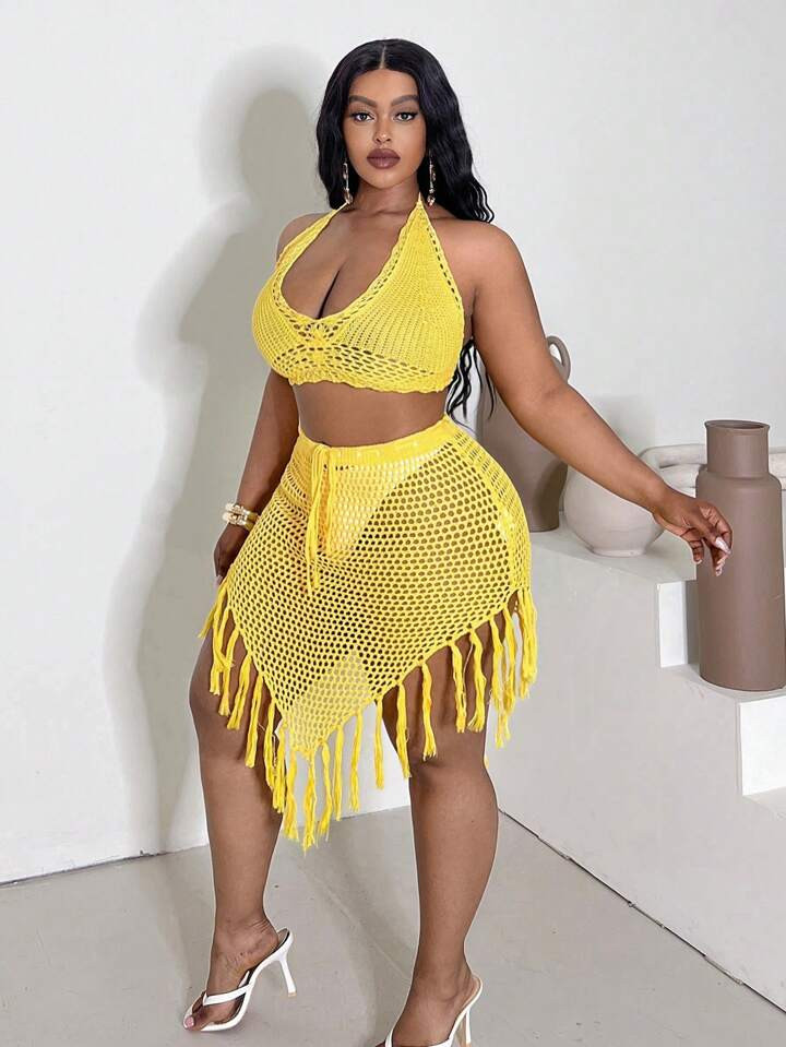 Slaydiva Plus Size Summer Vacation Beach Hollow Knit Halter Top And Tassel Hem A-Line Skirt Set | SHEIN