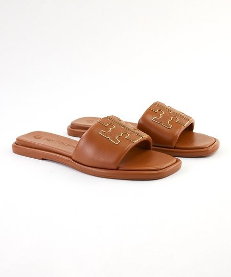 Tory Burch Bourbon Miele & Gold Double-T Sport Leather Slide - Women | Zulily