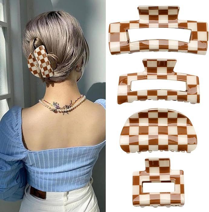 CHANACO Checkered Claw Clip 4 Pcs Checkered Hair Clip Large Claw Clips for Thick Hair Brown Torto... | Amazon (US)