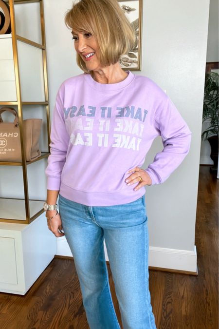 Buy today for 50% off this cute lavender sweatshirt. It has matching lavender shorts too. “Take It Easy” sweatshirt 
Causal weekend wear 💜

#LTKsalealert #LTKfindsunder50 #LTKover40