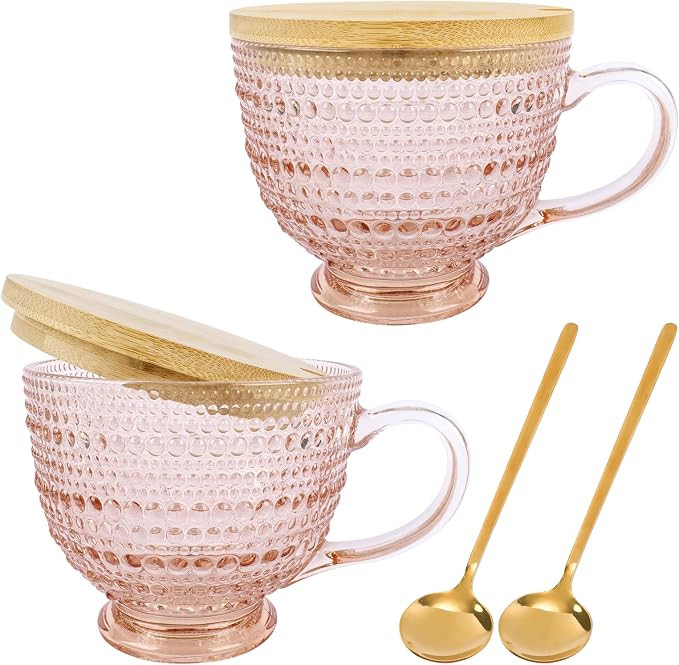 Pink Vintage Latte Mugs Set of 2, 16oz Large Pink Glass Embossed Coffee Mug Latte Tea Cup with Ba... | Amazon (US)