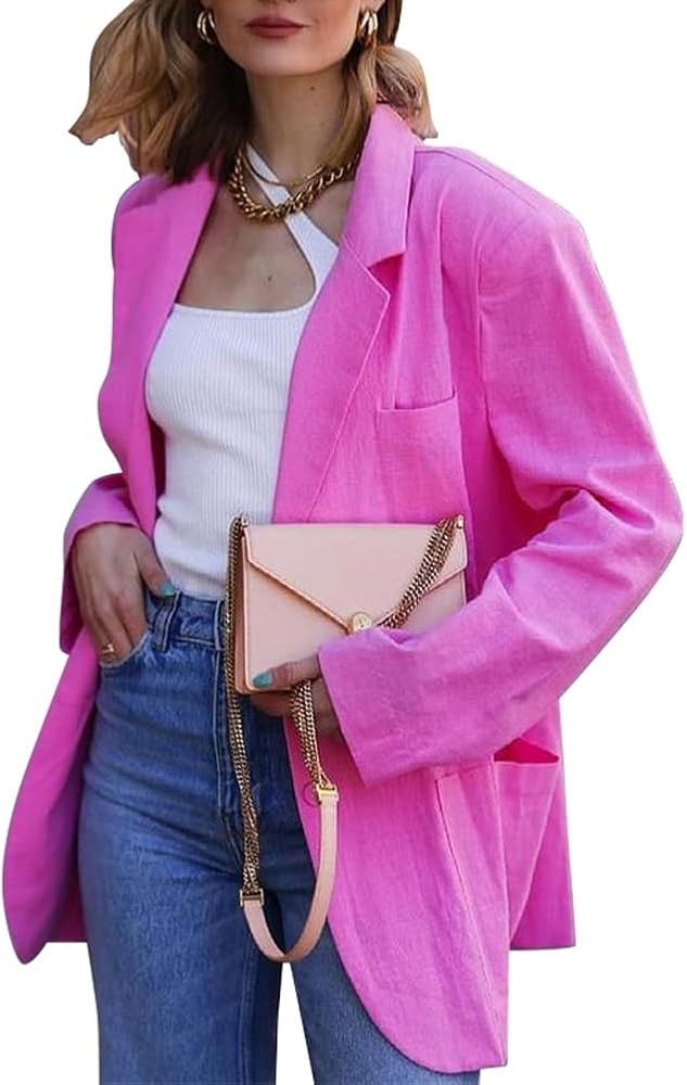 chouyatou Women's Spring Summer Wear Candy Color Oversized Linen Blazer Jacket | Amazon (US)