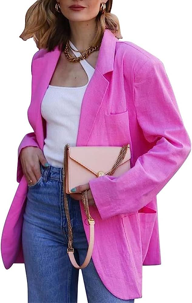 chouyatou Women's Spring Summer Wear Candy Color Oversized Linen Blazer Jacket | Amazon (US)