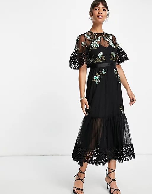 French Connection embroidered layered midi dress in black | ASOS (Global)