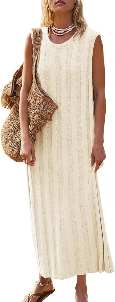 Fisoew Women's Summer Sleeveless Maxi Dress Scoop Neck Ribbed Knit Tank Top Dresses | Amazon (US)