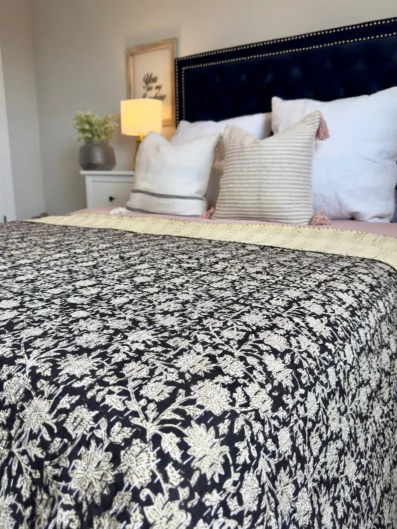 Hand Stitched Kantha Quilt: Black & Cream Floral Print, Neutral Bedding - Etsy | Etsy (US)