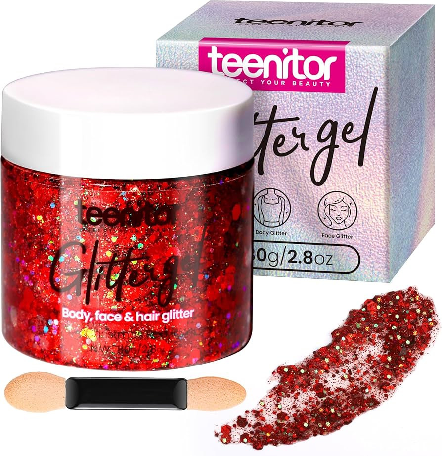 Teenitor Body Glitter, Red Body Glitter Gel, Hair Glitter, Face Glitter, 80g/2.8oz Red Glitter Ge... | Amazon (US)