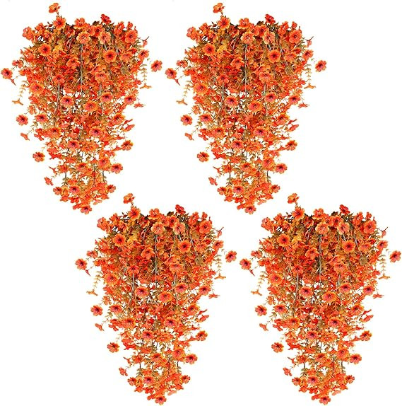 TURNMEON 4 Pcs Artificial Hanging Fall Flowers Fall Decorations, Fake Mums for Outdoors UV Resist... | Amazon (US)