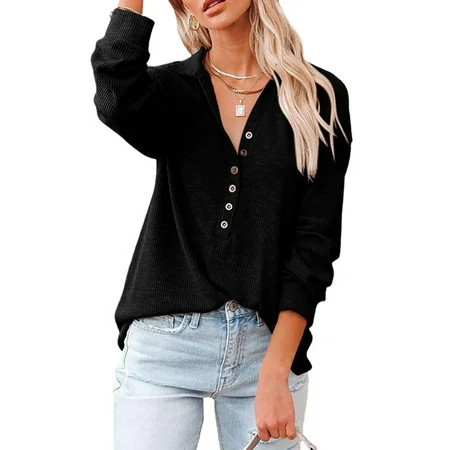 Ribbed Knit Pullover Tops Casual Work Button Down Collar Shirt Loose V Neck long sleeve Tunic Tops S | Walmart (US)
