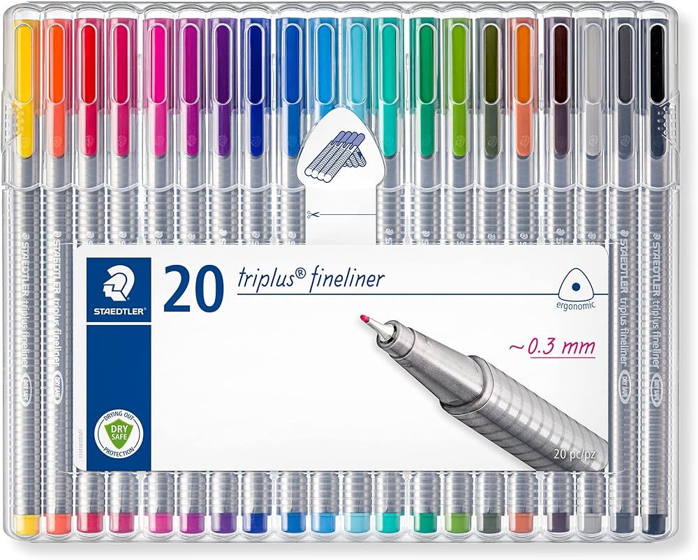 Staedtler Triplus Fineliner Pens, .3mm, Metal Clad Tip, 20-Pack, Assorted (334SB20BK) | Amazon (US)