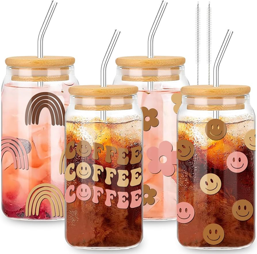 Whaline 4Pcs Boho Ice Coffee Cup with Bamboo Lids and Straws, 16oz Retro Groovy Drinking Glasses ... | Amazon (US)