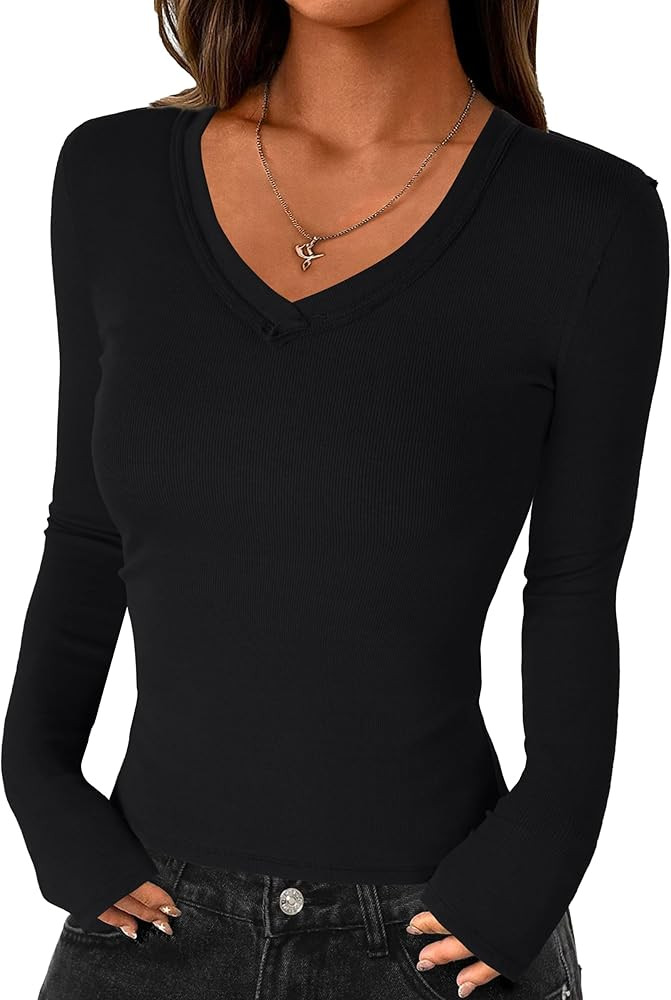 Darong Long Sleeve Tshirts for Women Fall Fashion V Neck Basics Crop Tops Slim Fitted Y2K Tops Ri... | Amazon (US)