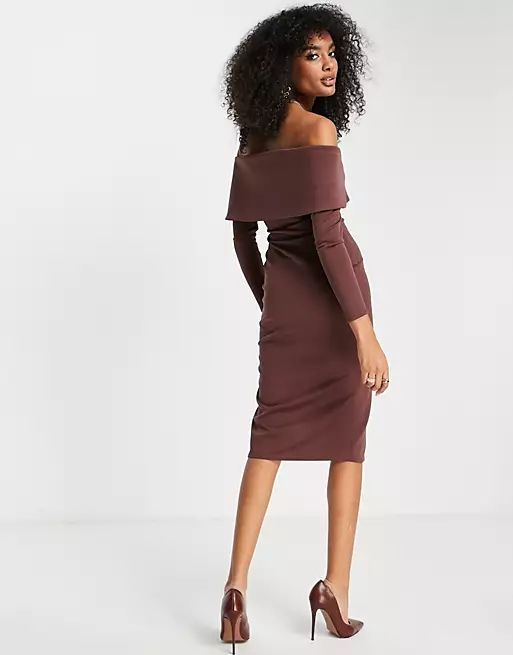 ASOS DESIGN  off the shoulder sweetheart midi dress with button detail in chocolate | ASOS (Global)