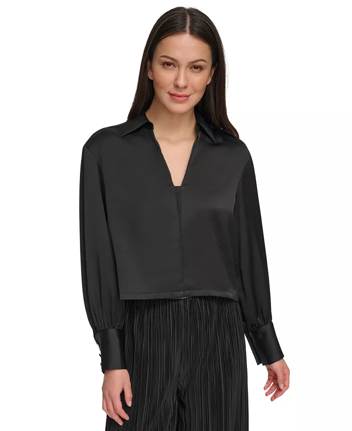 Women's Collared V-Neck Long Sleeve Satin Top | Macy's