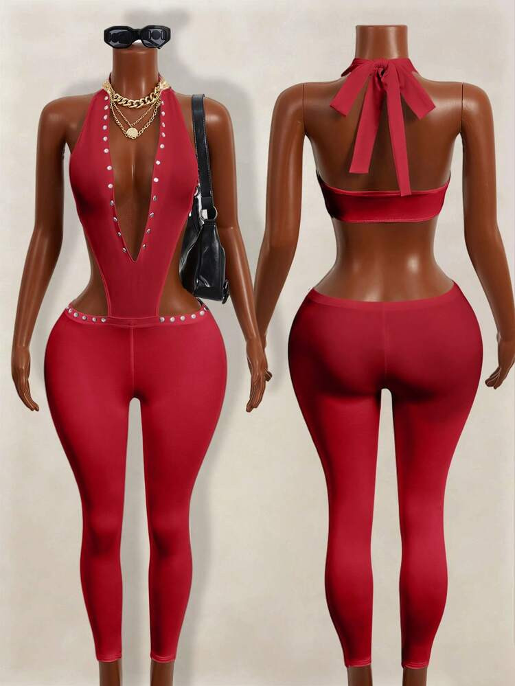 Mistrie Sexy Backless Halter Neck Rivet Decor Jumpsuit With Deep V-Neck And Skinny Low Waist Pants For Women | SHEIN