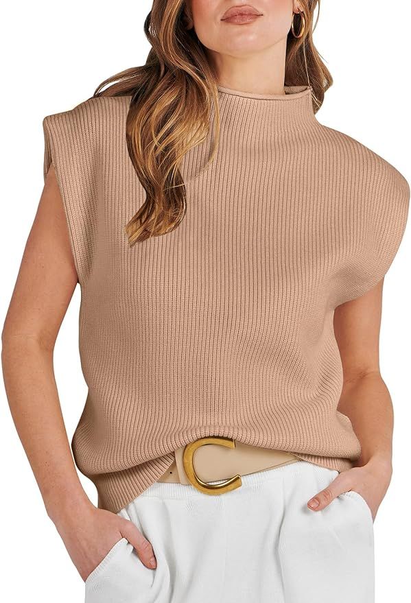 ANRABESS Womens Summer Cap Sleeve Tops Casual Mock Neck  Knit Sleeveless Sweater Pullover Shirt | Amazon (US)