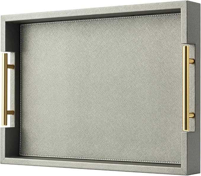 Large Ottoman Tray Gray Faux Leather Decorative Tray,Stylish Rectangle Coffee Table Tray Decor,Ve... | Amazon (US)