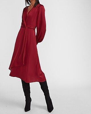 Satin Twist Front Midi Dress Red Women's L Petite | Express
