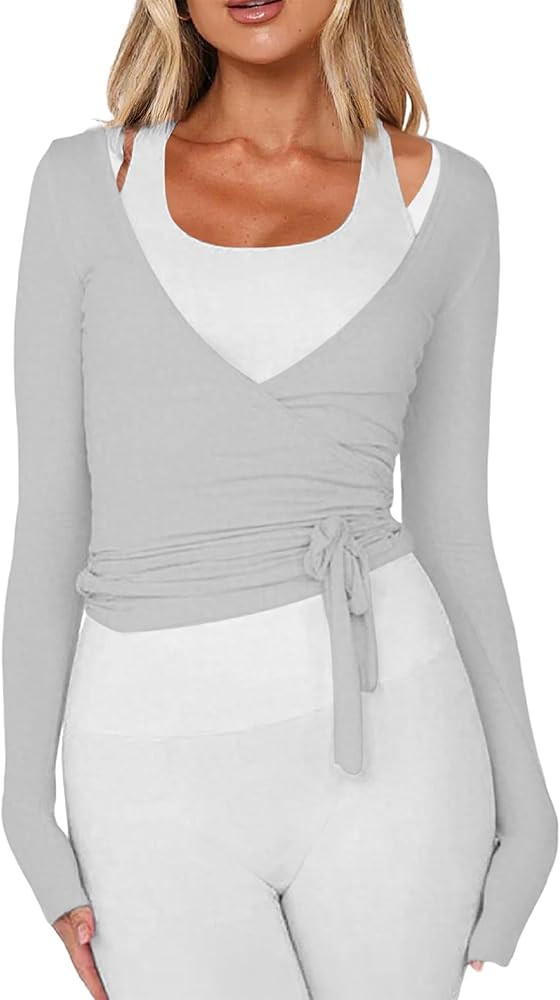 Women Pilates Wrap Top Ballet Tie Workout Shirt Long Sleeve Cross Sexy Deep V Neck Yoga Coquette ... | Amazon (US)