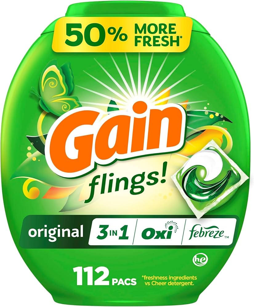 Gain Flings Laundry Detergent Pacs, 112 Count, Original Scent, 3 in 1 HE Detergent Pacs with Oxi ... | Amazon (US)