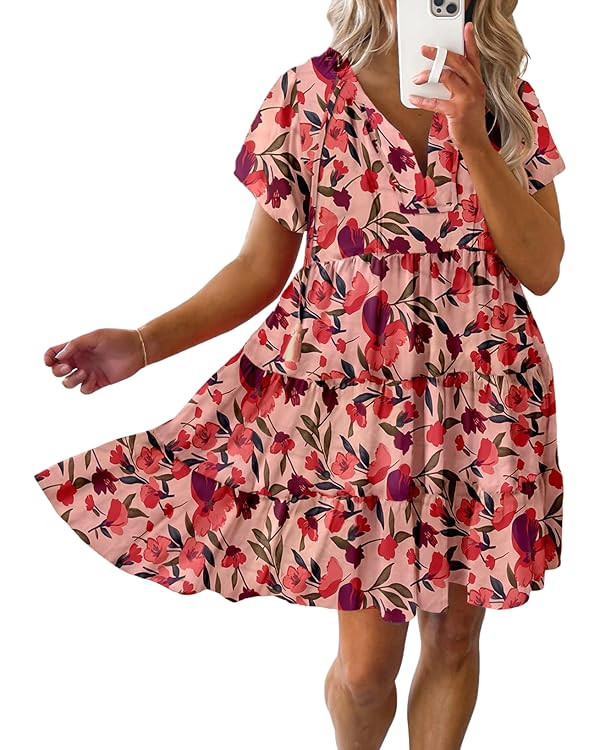 Dokotoo Womens Summer Casual Boho Floral Dresses V Neck Short Sleeve Flowy Swing A-Line Mini Dres... | Amazon (US)