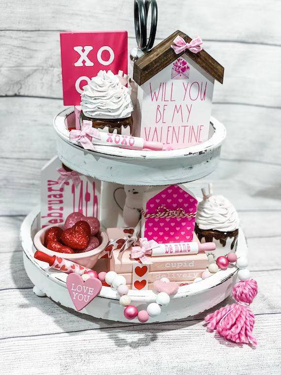 Valentines Day Tiered Tray Decor | Tiered Tray Bundle | Pink & White | Mini Sign set | Home Decor... | Etsy (US)