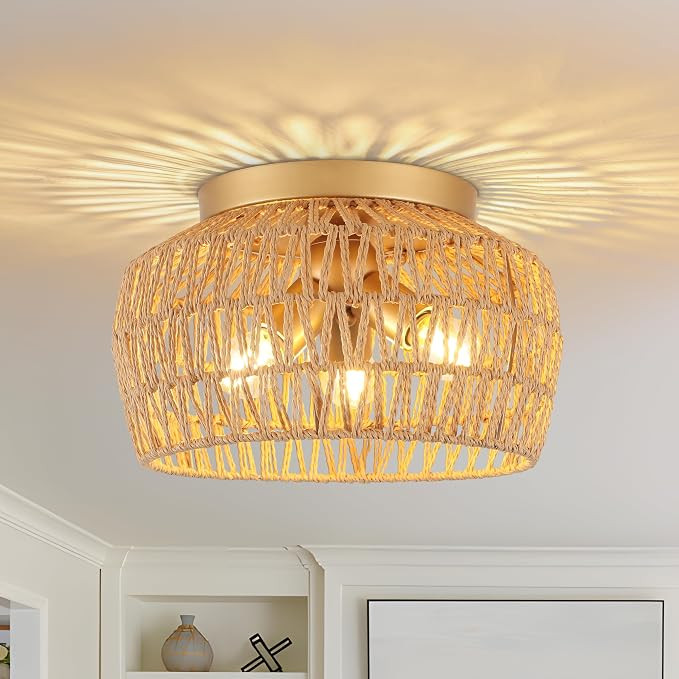 Rattan Light Fixtures 3-Light Retro Glod Semi Flush Mount Ceiling Light Hand Woven Ceiling Light ... | Amazon (US)