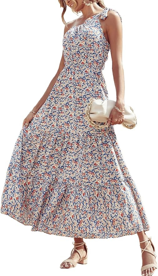 PRETTYGARDEN Womens 2024 Floral Knot One Shoulder Sleeveless Ruffle Hem Flowy Boho Dresses | Amazon (US)