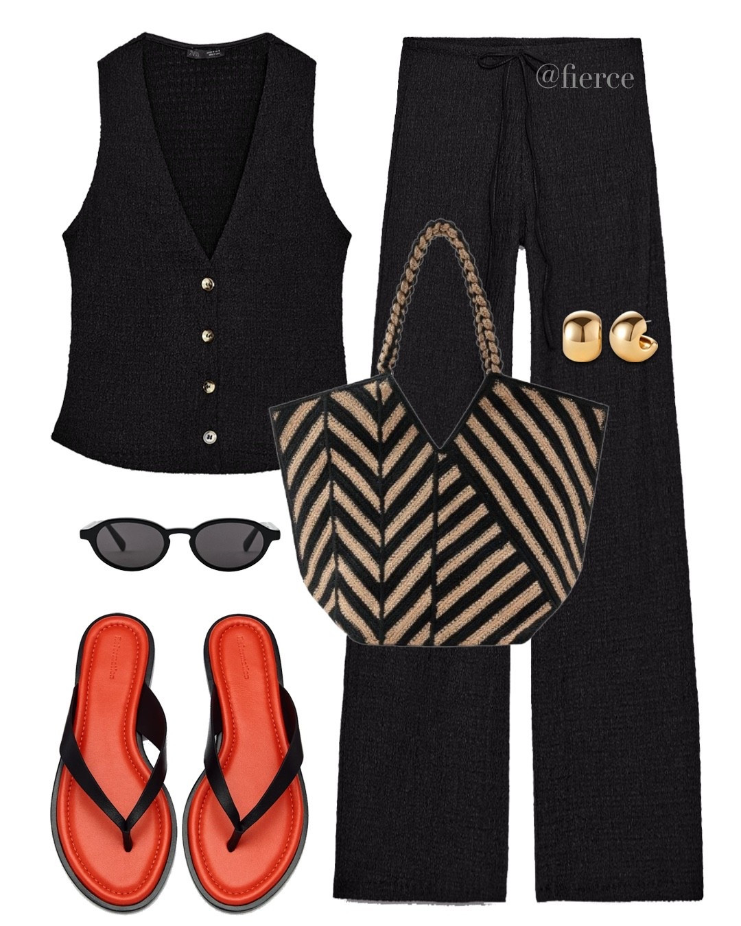 Red flip flops sandals black textured waistcoat co-ord matching set striped summer tote bag resort wear beach holiday vacation outfit

#LTKuk #LTKsummer #LTKeurope
