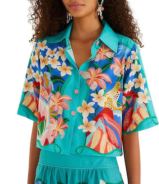 Multicolor Garden Of Life Print Point Collar Short Sleeve Coordinating Top | Dillard's