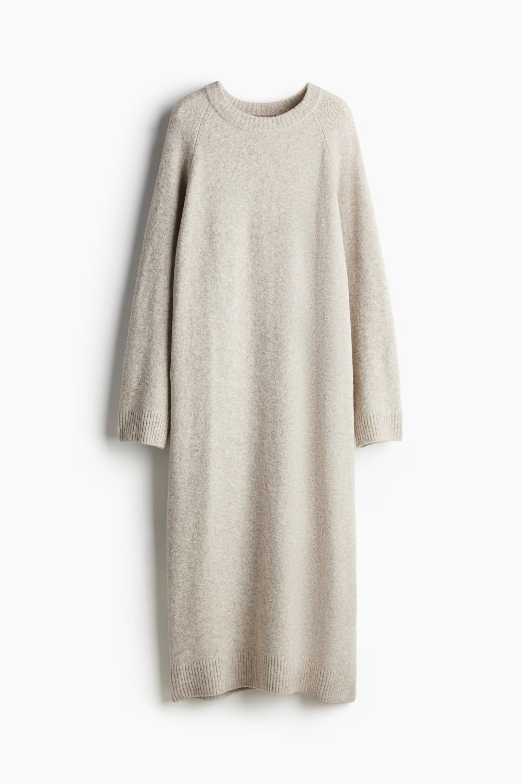 Knit Long Dress - Round Neck - Long sleeve - Light beige melange - Ladies | H&M US | H&M (US + CA)