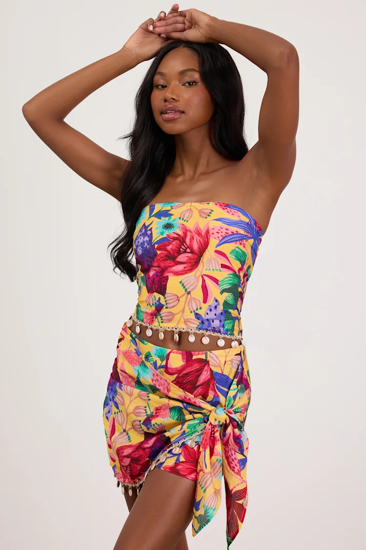 Kysa Yellow Multi Floral Strapless Crop Top | Lulus