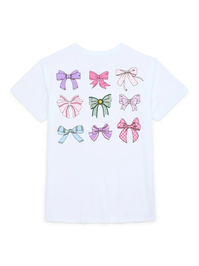 Wonder Nation Girls Bonjour Bows Graphic Print Crewneck Tee with Short Sleeves, Sizes 4-18 - Walm... | Walmart (US)