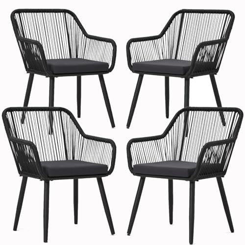 ECOTOUGE All-Weather Patio Dining Chairs, w/Cushions & Armrests, Modern Outdoor Seating for Garden, Poolside, Balcony, Indoor Use (Set of 4, Black) | Amazon (US)