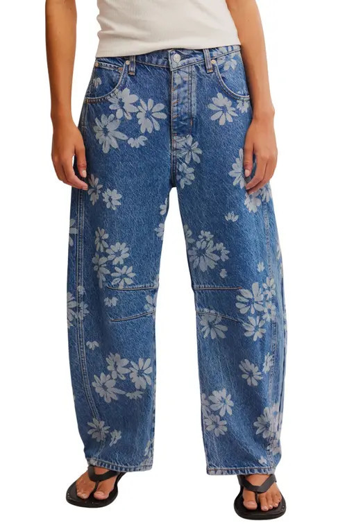 Free People Good Luck Floral Print Barrel Jeans in Laser Daisy at Nordstrom, Size 27 | Nordstrom