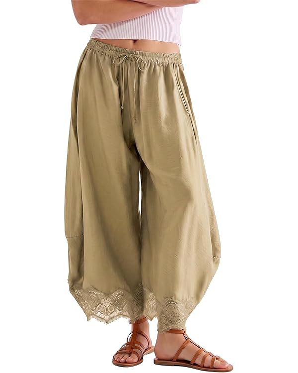 SeeLuNa Comfy Women's Pants Cropped Lace Hem Pants Summer Boho Drawstring High Rise Wide Leg Loun... | Amazon (US)