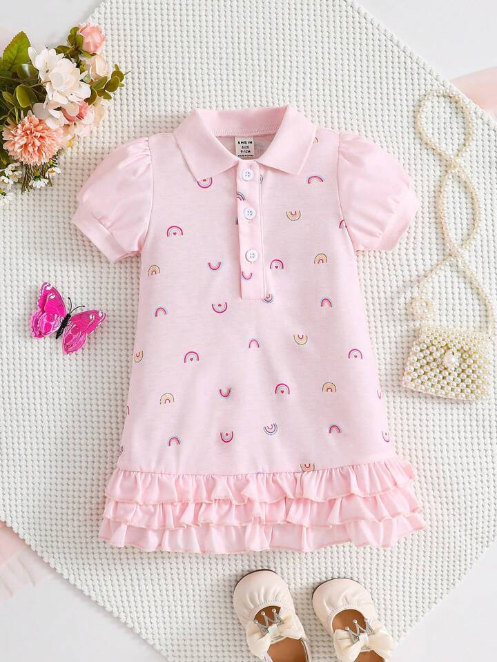 SHEIN Baby Girl's Casual Sports Simple Daily Basic Cute Rainbow Pattern Printed Multi-Layer Ruffl... | SHEIN