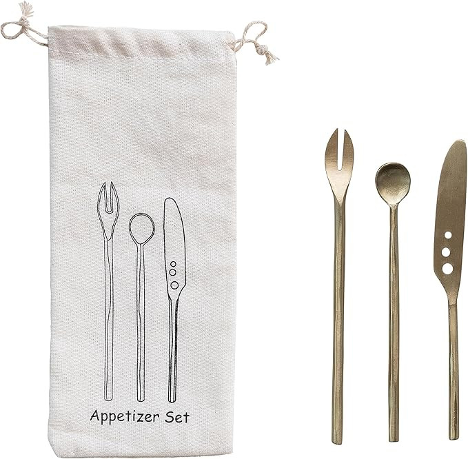 Creative Co-Op 5.9 Inches Brass Appetizer Kitchen Set with Printed Drawstring Bag, Matte Finish, ... | Amazon (US)