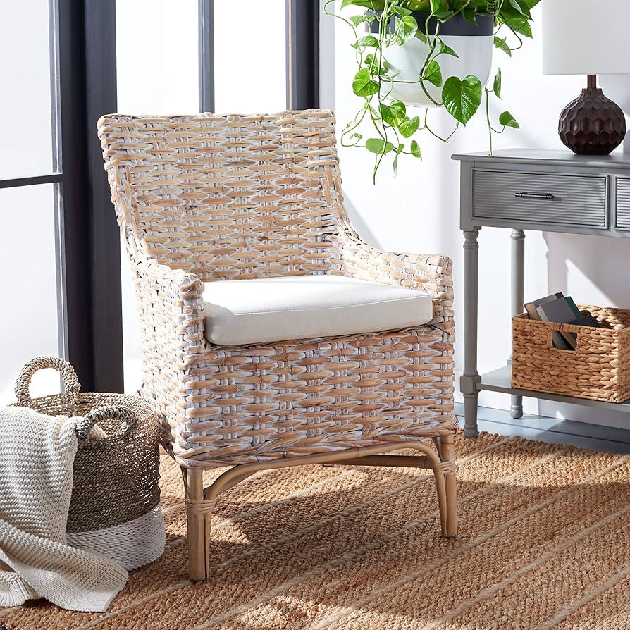 Safavieh Home Collection Cristen Rattan Cushion Accent Chair, 0, Natural White Wash/White | Amazon (US)