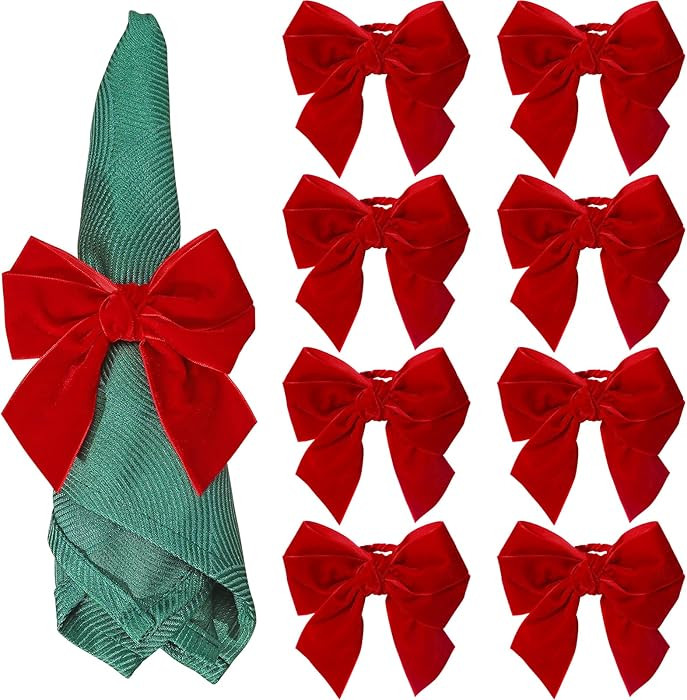KPOSIYA Christmas Bow Napkin Rings Set of 8, Red Bow Napkin Rings,Chic Velvet Bowknot Napkins Hol... | Amazon (US)