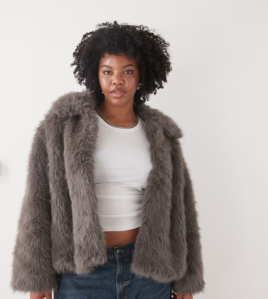 Noisy May Curve faux fur jacket in gray-Black | ASOS (Global)