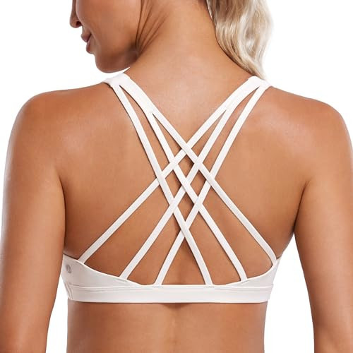 CRZ YOGA Strappy V Neck Sports Bras for Women - Criss Cross Back Wireless Padded Workout Yoga Bra Milky White X-Large | Amazon (US)
