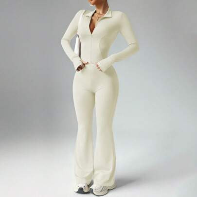 Women's Sporty Slim Fit Solid Color Full Zip Up Jacket And Pants Set | SHEIN