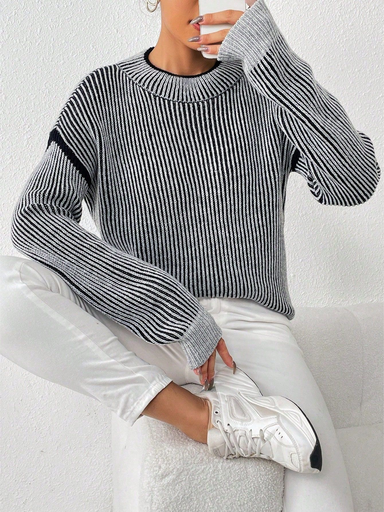 SHEIN Essnce Striped Pattern Drop Shoulder Sweater | SHEIN