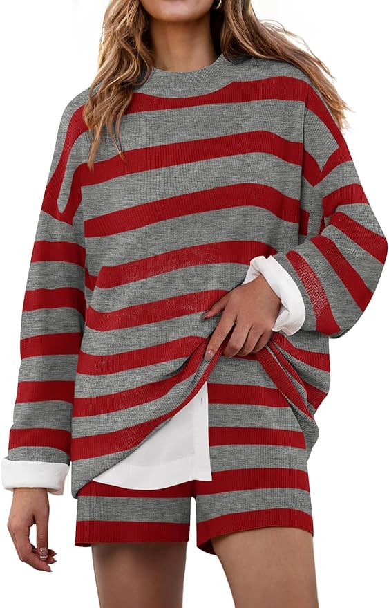 ZESICA Striped Lounge Sets for Women 2 Piece Oversized Outfits Long Sleeve Tops and Shorts Sweate... | Amazon (US)
