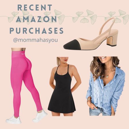 Recent amazon finds. Chanel color block sling back dupes. Favorite pink workout leggings. Black built in bra and short athletic dress. Game day amusement park family outting outfit. Button down for nursing and cooler summer days and nights. Dupes. Flattering to curves and hides. TTS in all.  

#LTKFind #LTKcurves #LTKshoecrush