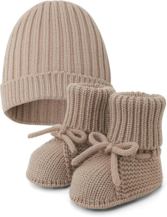 Baby Booties & Hat Set Newborn First Walkers Cozy Socks Shoes Warm Knit Booties Soft Cap for Todd... | Amazon (US)