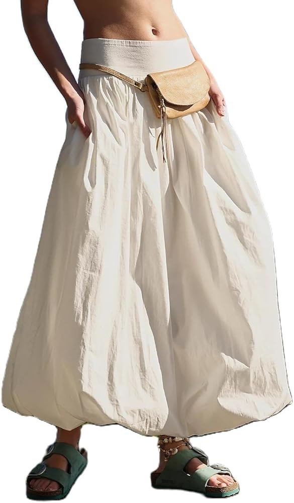 NUFIWI Falda de mujer Y2k de burbuja maxi falda de cintura baja el\u00e1stica l\u00ednea A larga ... | Amazon (US)