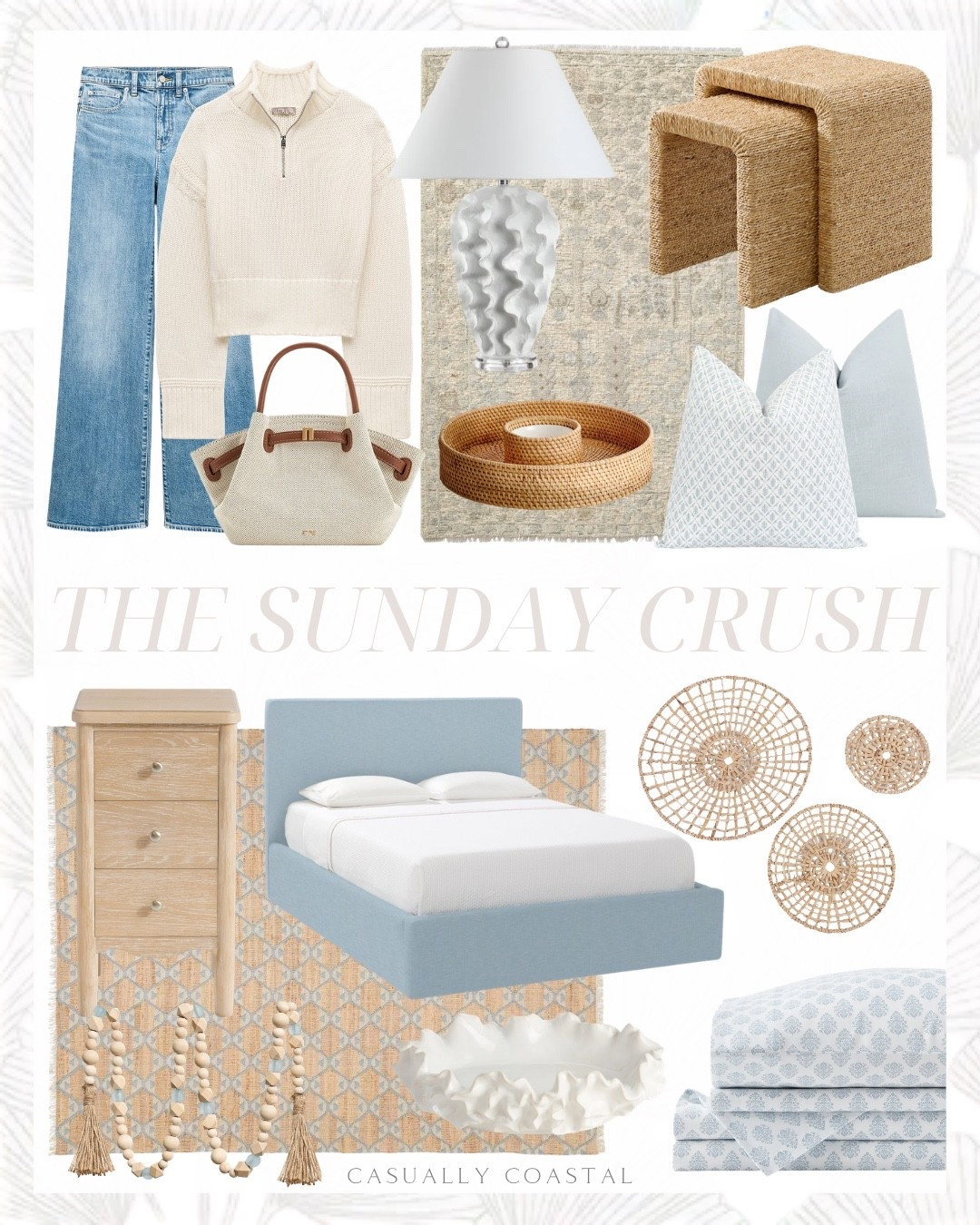 The Sunday Crush! 

Coastal home decor, coastal bed, coastal rug, coastal pillow covers, coastal wall decor, coastal bowl, Serena & lil bed, platform bed, seagrass nesting tables, pottery barn nightstand, mini nightstand, wood bead garland, Serena & lily rug, j. Crew tiny rollneck sweater, denim trouser jeans, mini tote bag, coastal purse, quince rug, hand-knotted wool rug, ruffled decorative bowl, coastal bedding, coastal sheets, sateen bed sheet set, wayfair table lamp, Etsy pillow covers, pale blue pillow cover, cosme chip and dip, round rattan wall hanging decor

#LTKHome